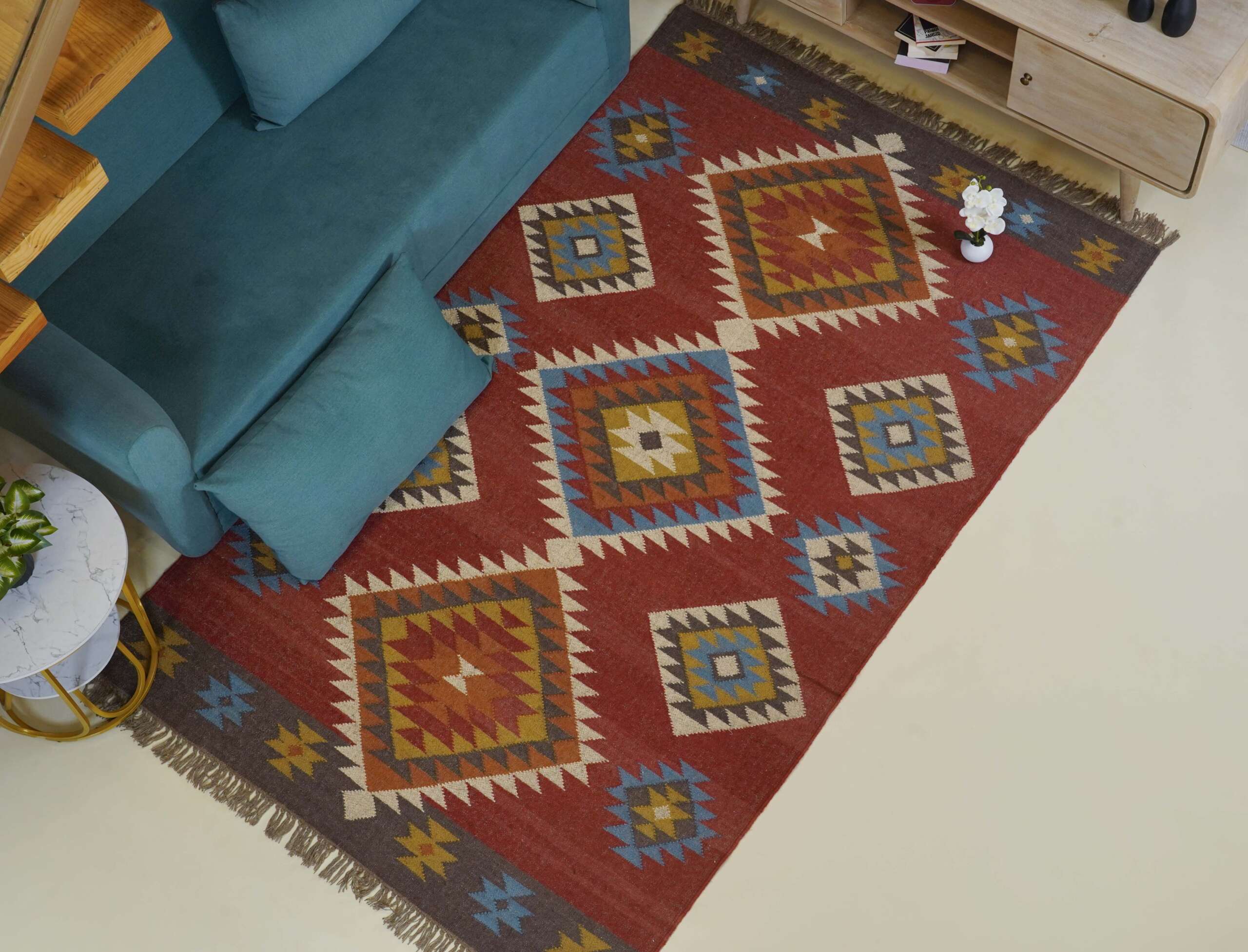 Classic Wool Jute Kilim Rug Neutral Border Pattern Style