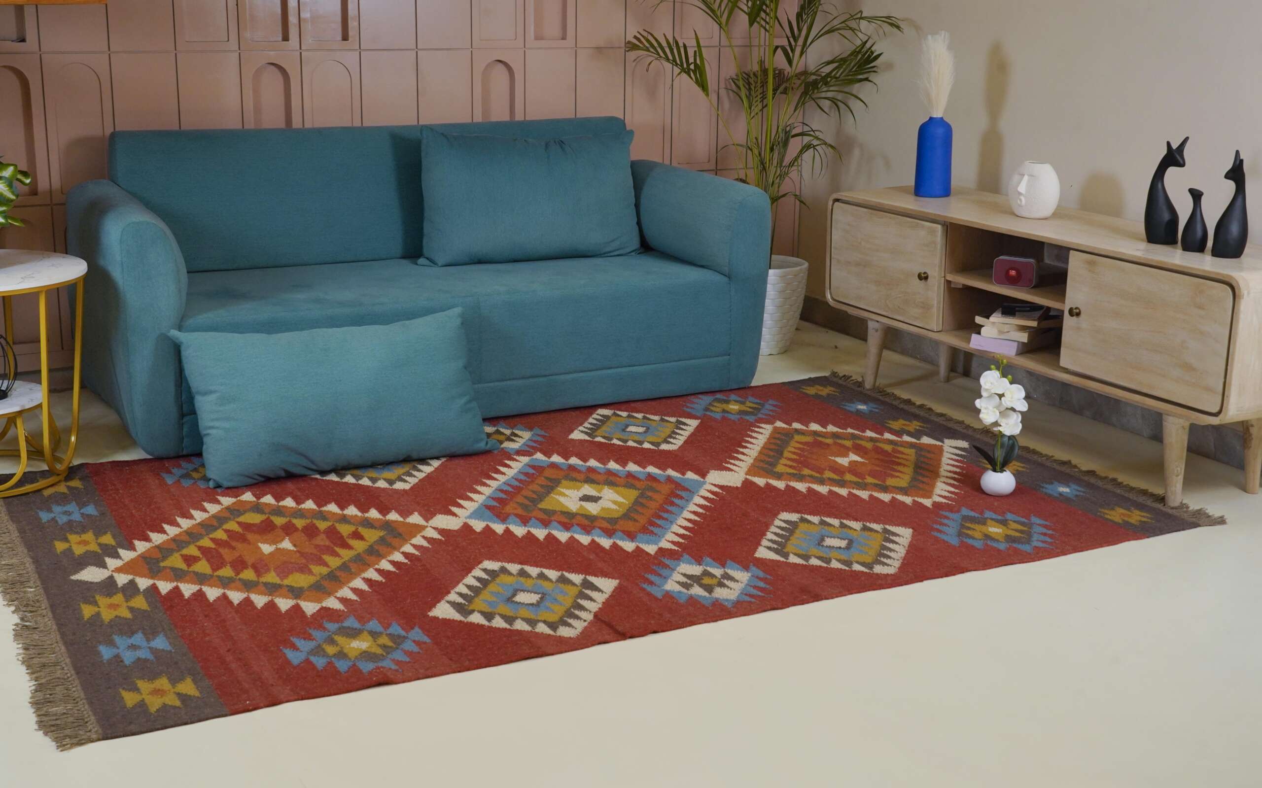 Classic Wool Jute Kilim Rug Neutral Border Pattern Style